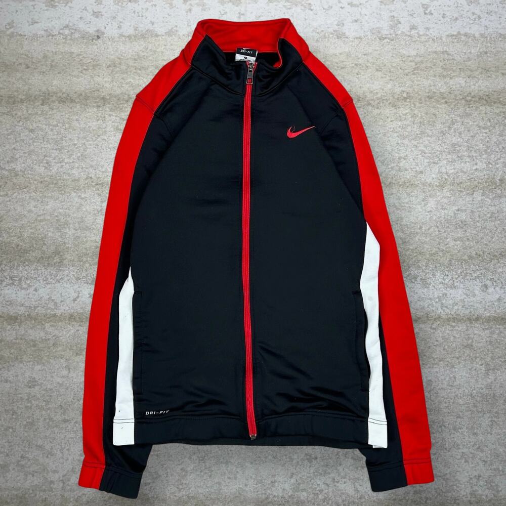 Vintage Y2K Nike Track Jacket Mens S Jet Black Red Swoosh Polyester Full Zip